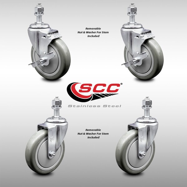 Service Caster 5 Inch SS Gray Polyurethane Swivel 1/2 Inch Threaded Stem Caster Brakes SCC, 2PK SCC-SSTS20S514-PPUB-TLB-121315-2-S-2 - main